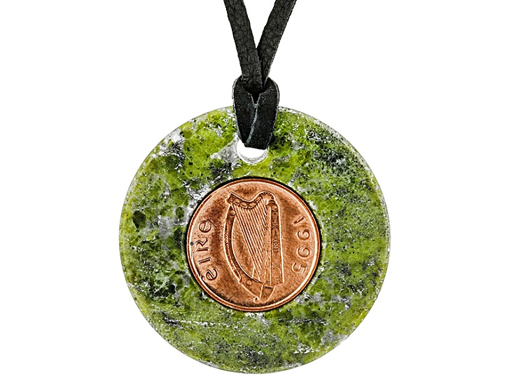 Lucky Irish Copper Penny, Connemara Marble Leather Cord Necklace