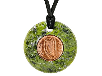 Lucky Irish Copper Penny, Connemara Marble Leather Cord Necklace