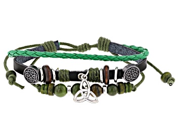 Picture of Green Connemara Marble Rhodium Over Brass Leather Charm Bracelet