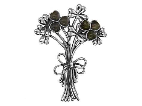 Connemara Marble Silver Shamrock Bouquet Pin-Pendant With Green Shamrock Scarf