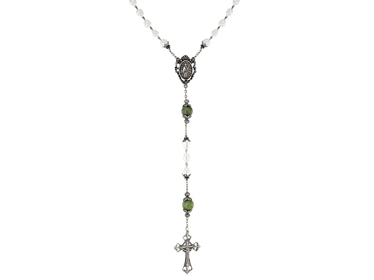 Rosary Cultured Freshwater Pearl and Connemara Marble Silver Tone