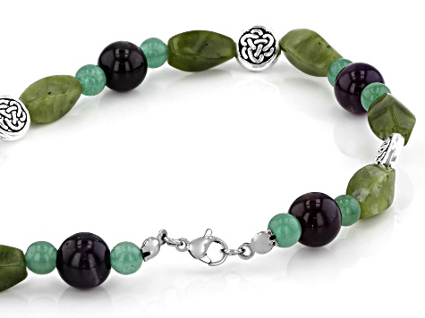 Connemara Marble, Amethyst,& Quartzite Silver-Tone Over Brass Necklace