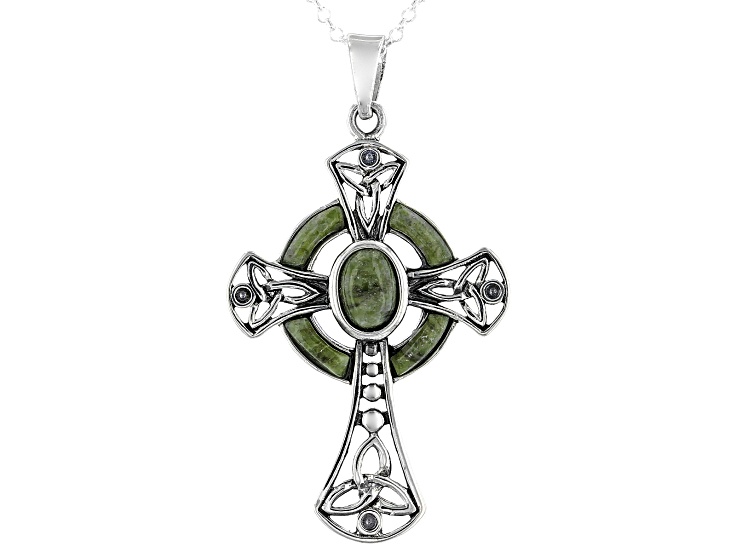 Silver Celtic Trinity Diamond Cross Pendant Necklace with Emerald Silver M | Factory Direct Jewelry