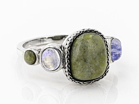 Connemara Marble & Rainbow Moonstone Silver Ring