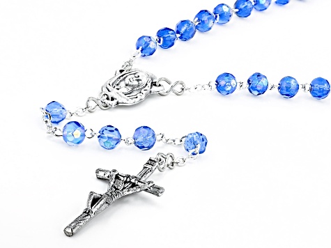 Blue Crystal Silver-Tone Rosary and Key Chain Set