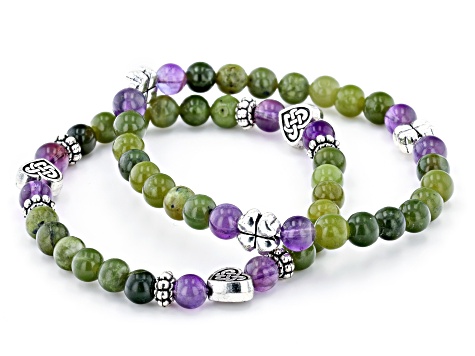 Amethyst & Marble Shamrock Silver-Tone Set of 2 Bracelets