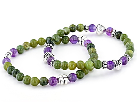 Amethyst & Marble Shamrock Silver-Tone Set of 2 Bracelets