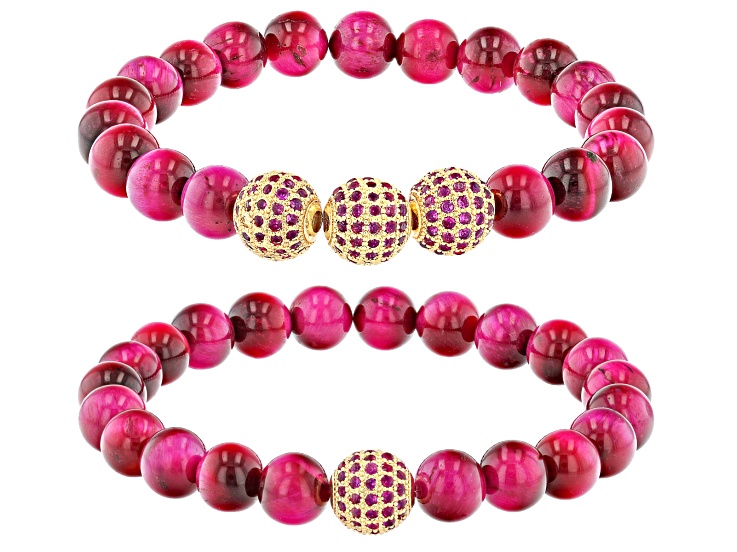 Pink Tigers Eye and Pink Crystal Gold-Tone Set of 2 Stretch Bracelets 8mm