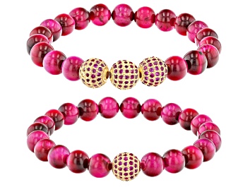 Picture of Pink Tigers Eye and Pink Crystal Gold-Tone Set of 2 Stretch Bracelets