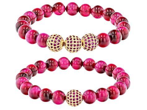 Pink Tigers Eye and Pink Crystal Gold-Tone Set of 2 Stretch Bracelets