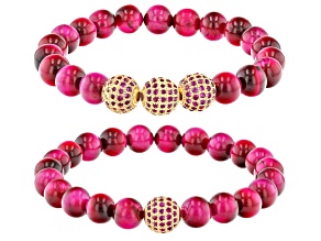Pink Tigers Eye and Pink Crystal Gold-Tone Set of 2 Stretch Bracelets 8mm