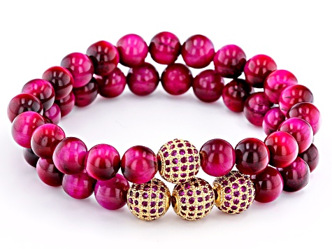 Pink Tigers Eye and Pink Crystal Gold-Tone Set of 2 Stretch Bracelets