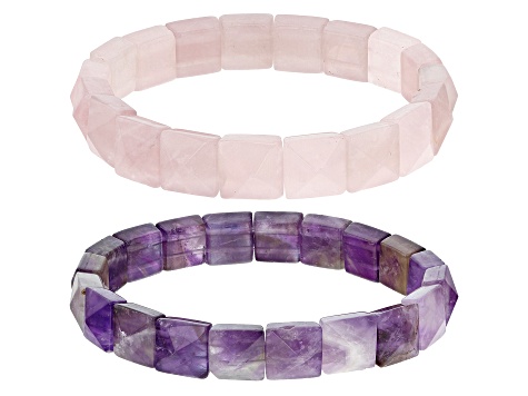 Amethyst And Rose Quartz Set of Two Stretch Bracelets