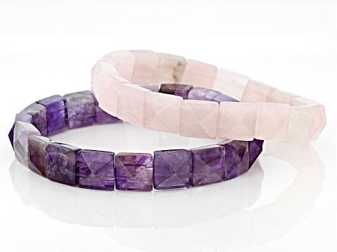 Amethyst And Rose Quartz Set of Two Stretch Bracelets