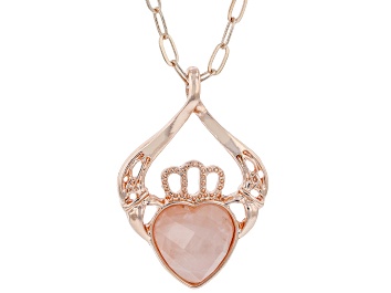 Picture of 13x11mm Rose Quartz Rose Tone Claddagh Pendant With Chain