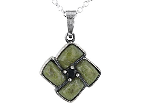 7x4mm Rectangle Connemara Marble With Black Spinel Sterling Silver Pendant With 24" Chain