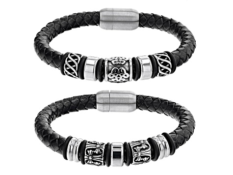 Stainless Steel Set of 2 Viking Leather Bracelets.