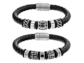 Stainless Steel Set of 2 Viking Leather Bracelets.