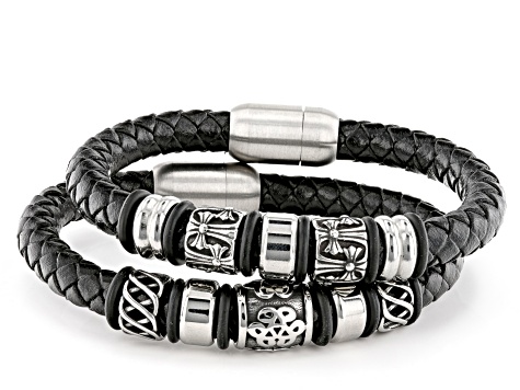 Stainless Steel Set of 2 Viking Leather Bracelets.