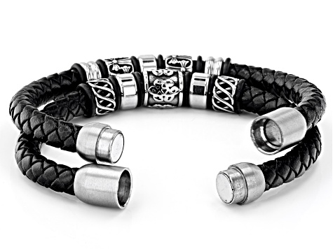 Stainless Steel Set of 2 Viking Leather Bracelets.