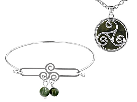 Green Connemara Marble Triskele Silver-Tone Bangle And Pendant Set