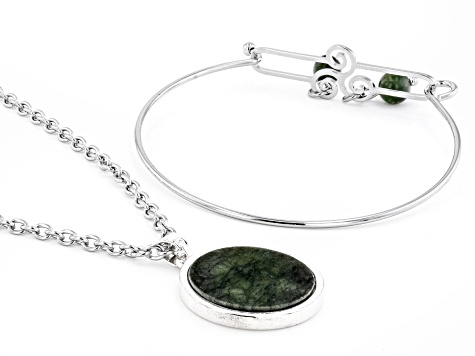 Green Connemara Marble Triskele Silver-Tone Bangle And Pendant Set