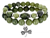 Green Connemara Marble Silver Tone Shamrock Stretch Bracelet