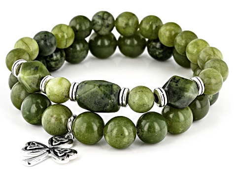 Green Connemara Marble Silver Tone Shamrock Stretch Bracelet