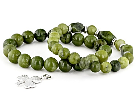 Green Connemara Marble Silver Tone Shamrock Stretch Bracelet