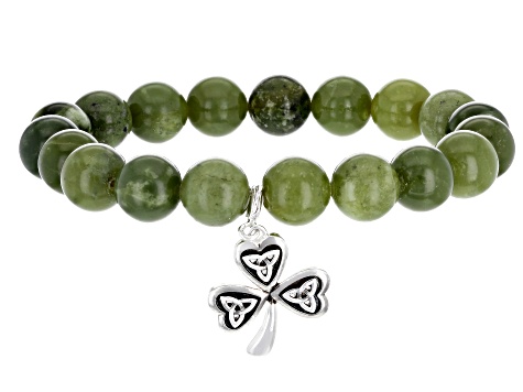 Green Connemara Marble Silver Tone Shamrock Stretch Bracelet
