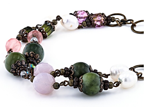 Green Connemara Marble, Crystal & Cultured Freshwater Pearl Gold Tone Bracelet