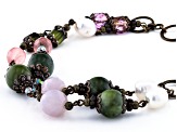 Green Connemara Marble, Crystal & Cultured Freshwater Pearl Gold Tone Bracelet