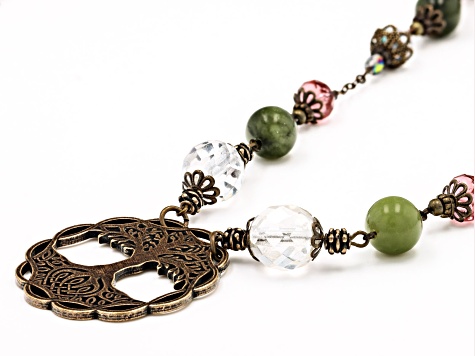 Green Connemara Marble & Crystal Antique Tone Tree Of Life Necklace