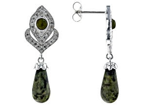 Green Connemara Marble and Cubic Zirconia Silver Tone Earrings