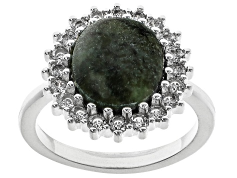 Green Connemara Marble and White Cubic Zirconia Silver Tone Ring.
