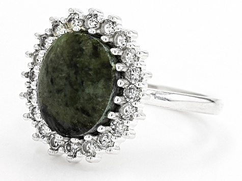 Green Connemara Marble and White Cubic Zirconia Silver Tone Ring.