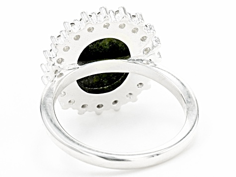 Green Connemara Marble and White Cubic Zirconia Silver Tone Ring.