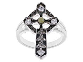 Picture of Green Connemara Marble and Cubic Zirconia Silver-Tone Over Brass Cross Ring