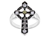 Green Connemara Marble and Cubic Zirconia Silver-Tone Over Brass Cross Ring