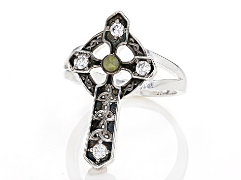 Green Connemara Marble and Cubic Zirconia Silver-Tone Over Brass Cross Ring