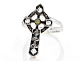 Green Connemara Marble and Cubic Zirconia Silver-Tone Over Brass Cross Ring