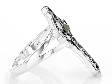 Green Connemara Marble and Cubic Zirconia Silver-Tone Over Brass Cross Ring