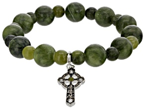 Green Connemara Marble and Cubic Zirconia Silver-Tone Over Brass  Bracelet