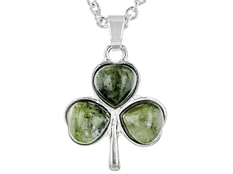 Green Connemara Marble Silver Tone Shamrock Pendant With Chain