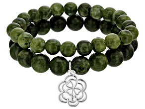 Green Connemara Marble Silver Tone Two Clover Stretch Bracelets