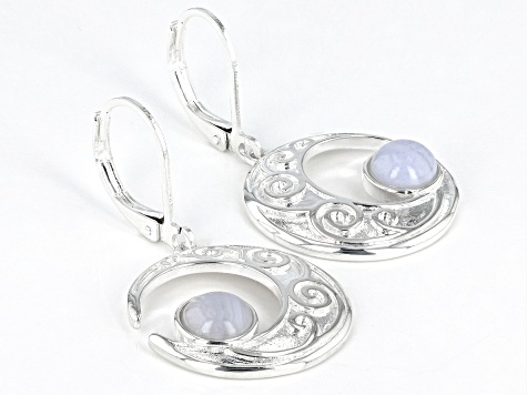 Blue Lace Agate Silver Tone Moon Earrings