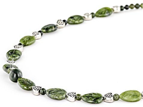 Connemara Marble Silver Tone Green Carved Leaf Necklace