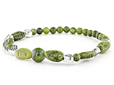 Connemara Marble Silver Tone Green Carved Leaf Stretch Bracelet