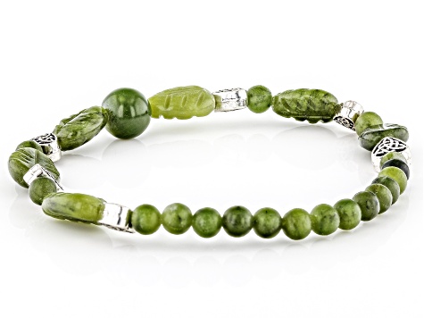 Connemara Marble Silver Tone Green Carved Leaf Stretch Bracelet