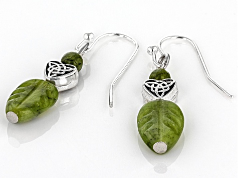 Green Connemara Marble Silver Tone Green Carved Leaf Dangle Earrings